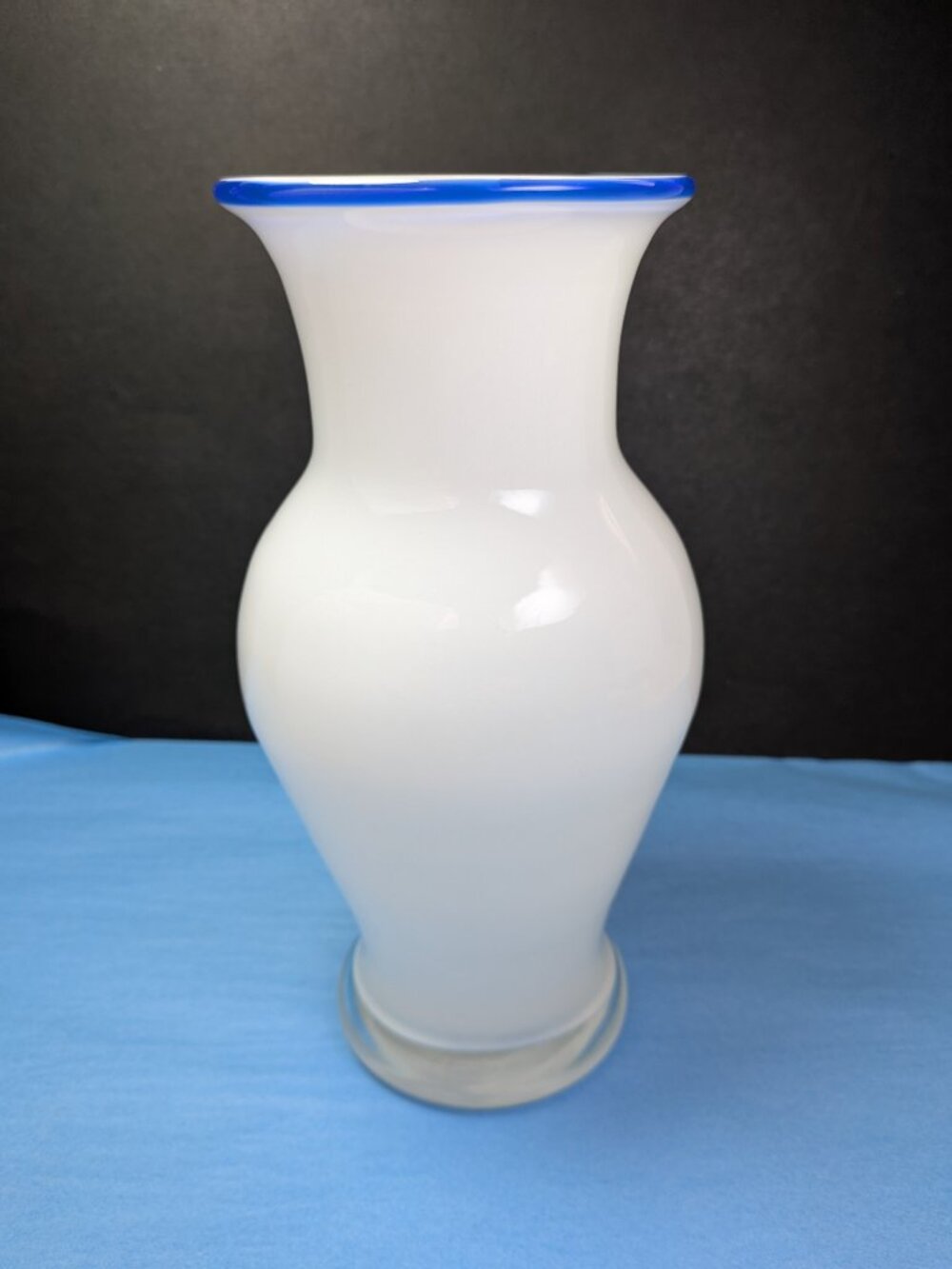 Vintage Cased White Milk Glass Trumpet Vase Cobalt Blue Rim Floral Bead Bundle